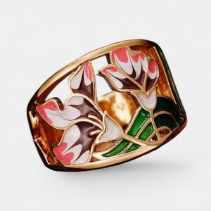 14K Gold Plated Retro Hollow Enamel Flower Wide Band Ring Womens Sz 9 & 10